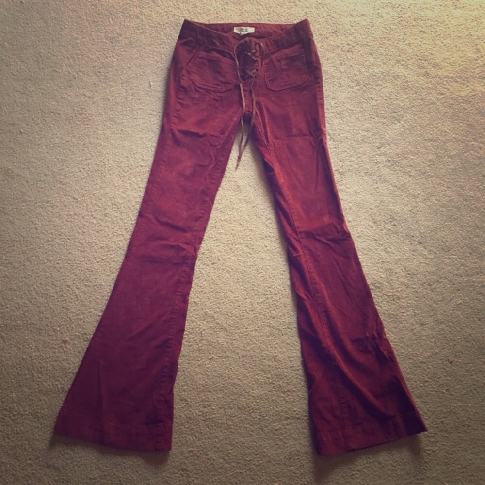 hippie boho rust corduroy lace up bell bottoms